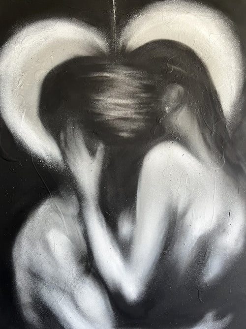 ALMOST by HEEM — spray paint and mixed media on patched canvas, 50 x 40 in, 2026