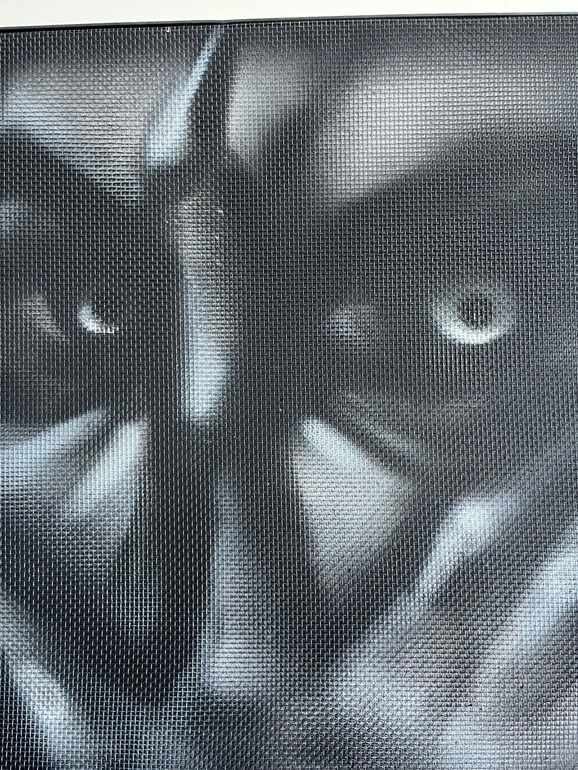CAGED by HEEM — close detail showing the layered spray paint and mesh surface