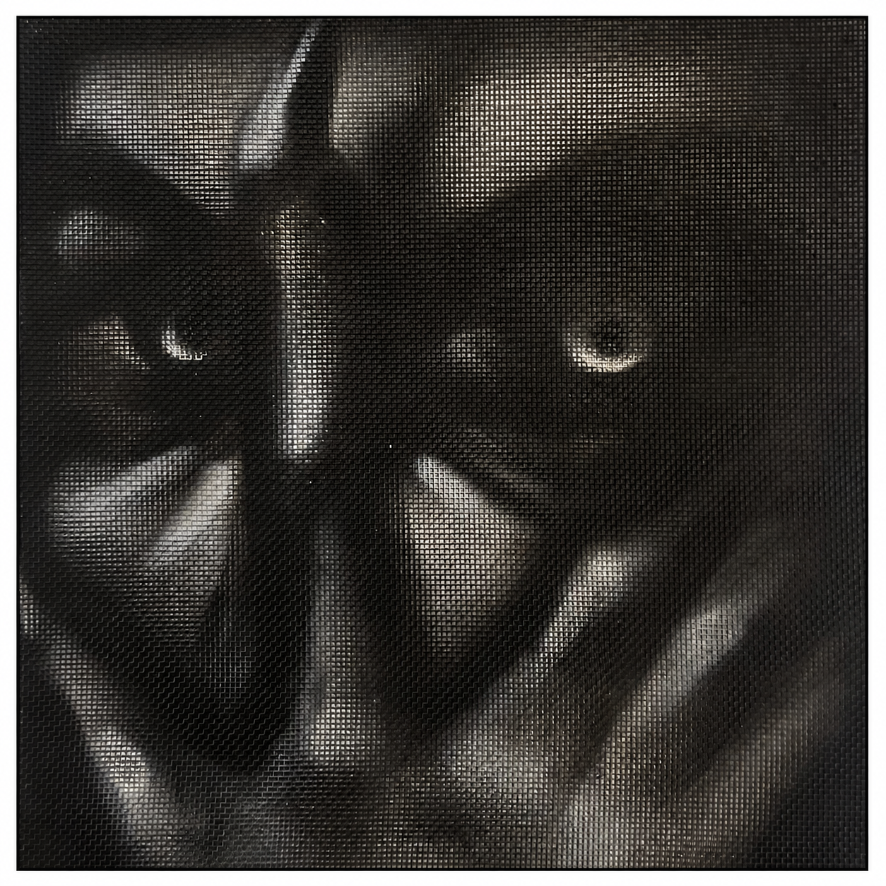 CAGED by HEEM — spray paint on found mesh surface, 20 x 20 in, August 2026