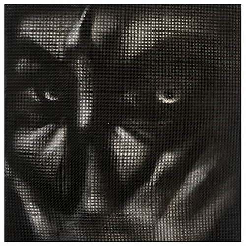 CAGED by HEEM — spray paint on found mesh surface, 20 x 20 in, August 2026