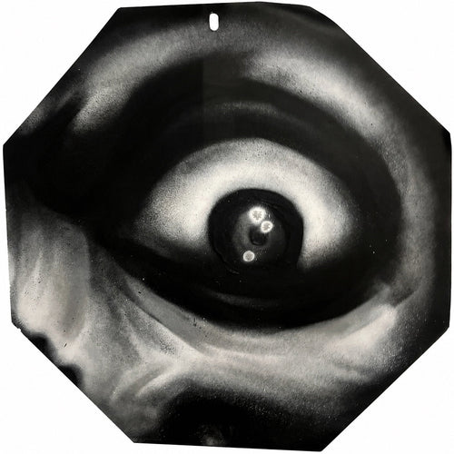 STOP by HEEM — spray paint on found metal traffic sign, 30 x 30 in, 2026