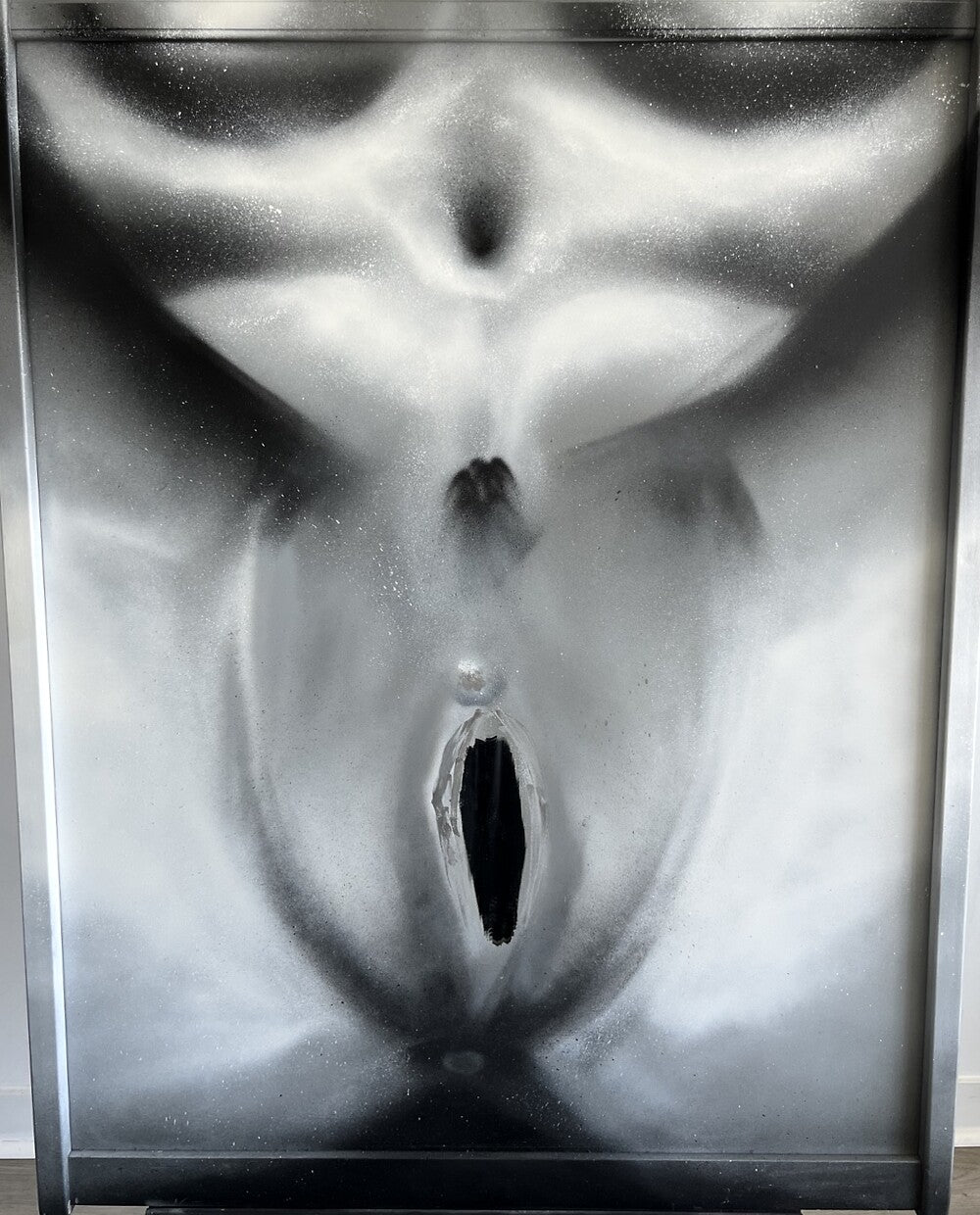 THE ACTUAL START by HEEM — spray paint on mirror, 46 x 33 in, 2026