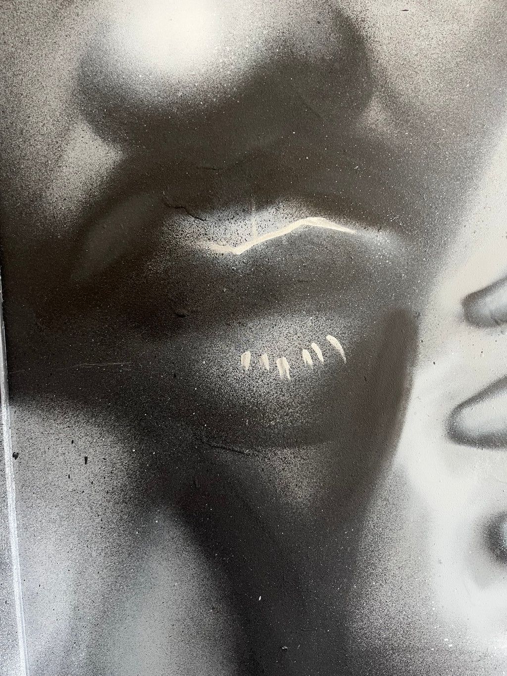 WAIT by HEEM — close detail of the face, stitched mouth, and spray texture