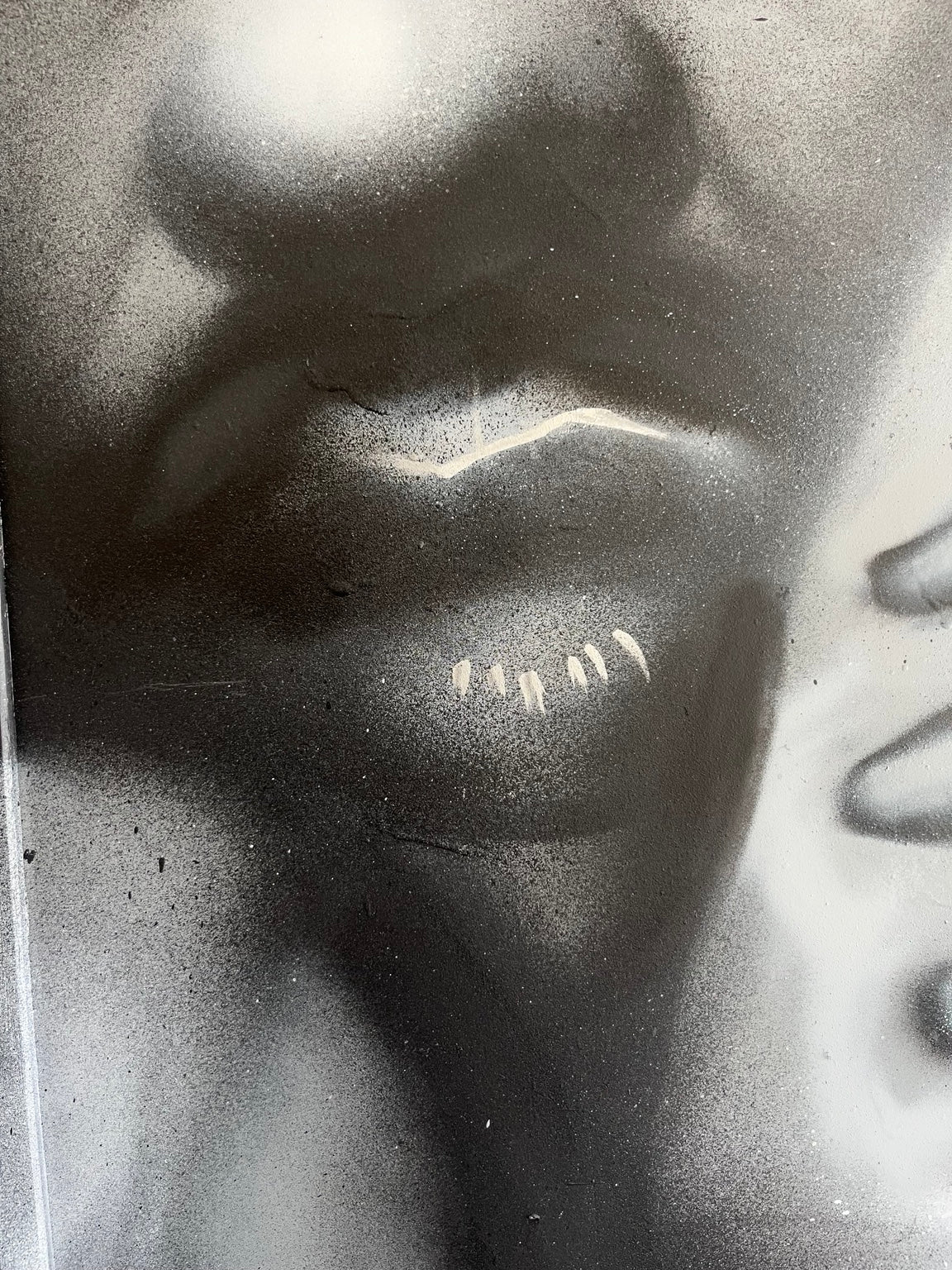 WAIT by HEEM — close detail of the face, stitched mouth, and spray texture